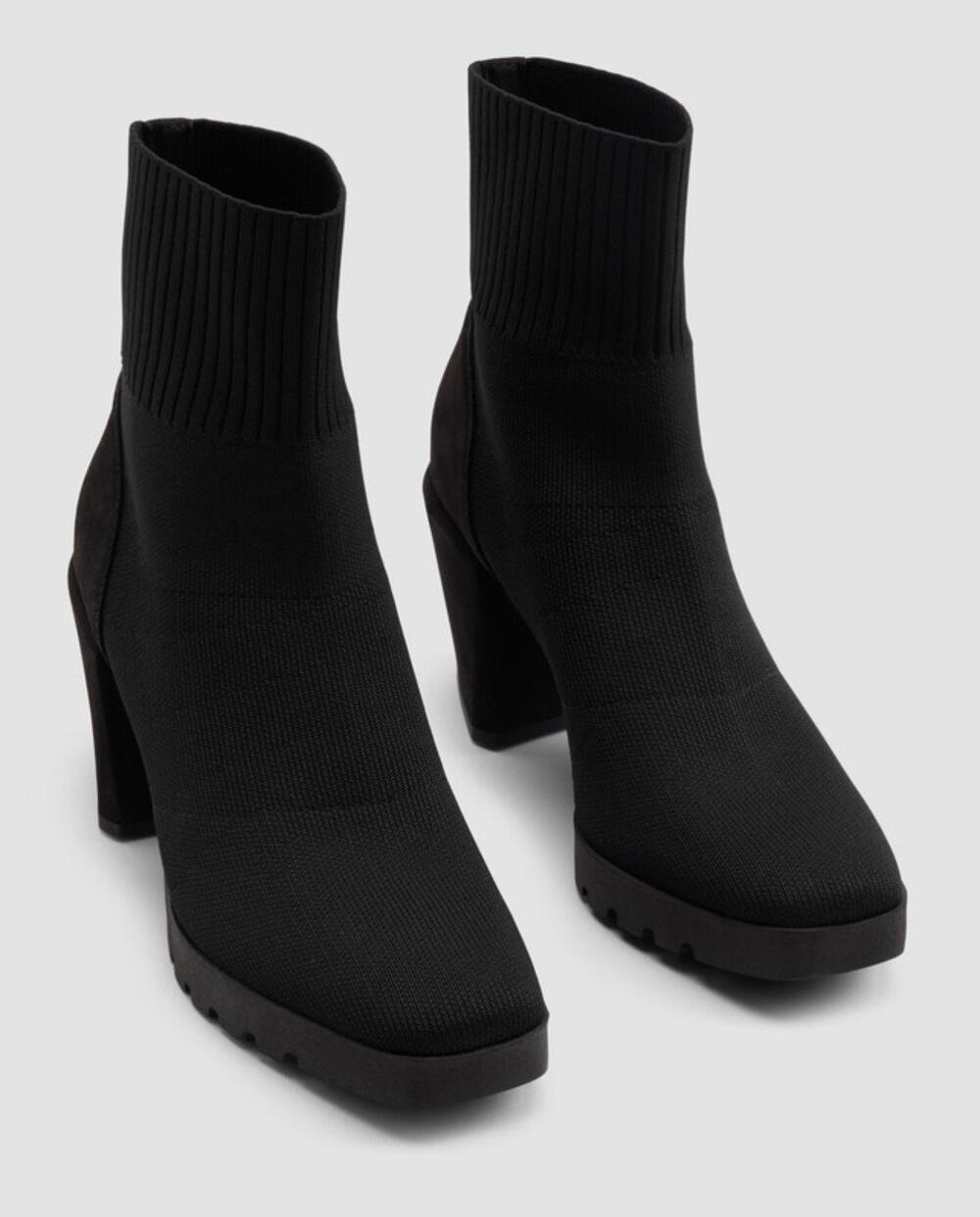 Eileen Fisher 8.5 Spell Black Stretch Knit Sock Block Heeled Boots Minimalist